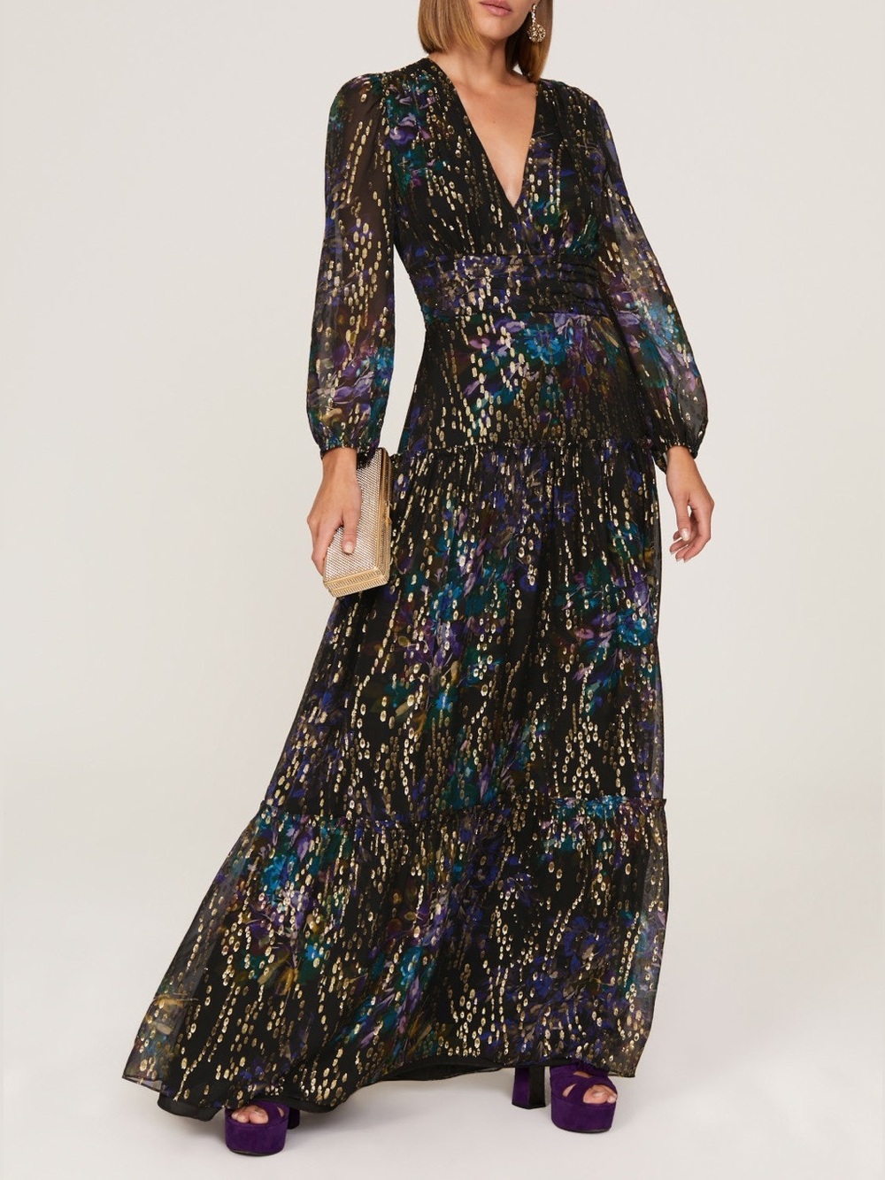 Shoshanna Madeline Gown Size 0 Black Metallic Floral Formal Maxi Dress
